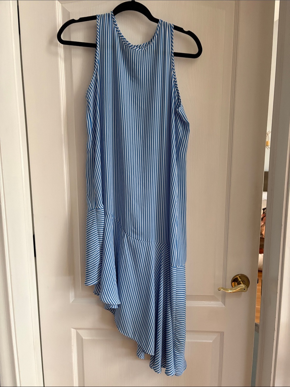 attention Blue and White Striped Asymmetrical Hem Dress